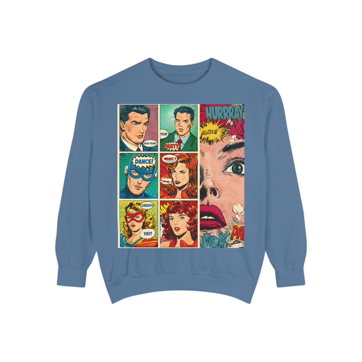 Comic Pop Art Sweatshirt — Retro Romance and Party Panels Graphic Pullover