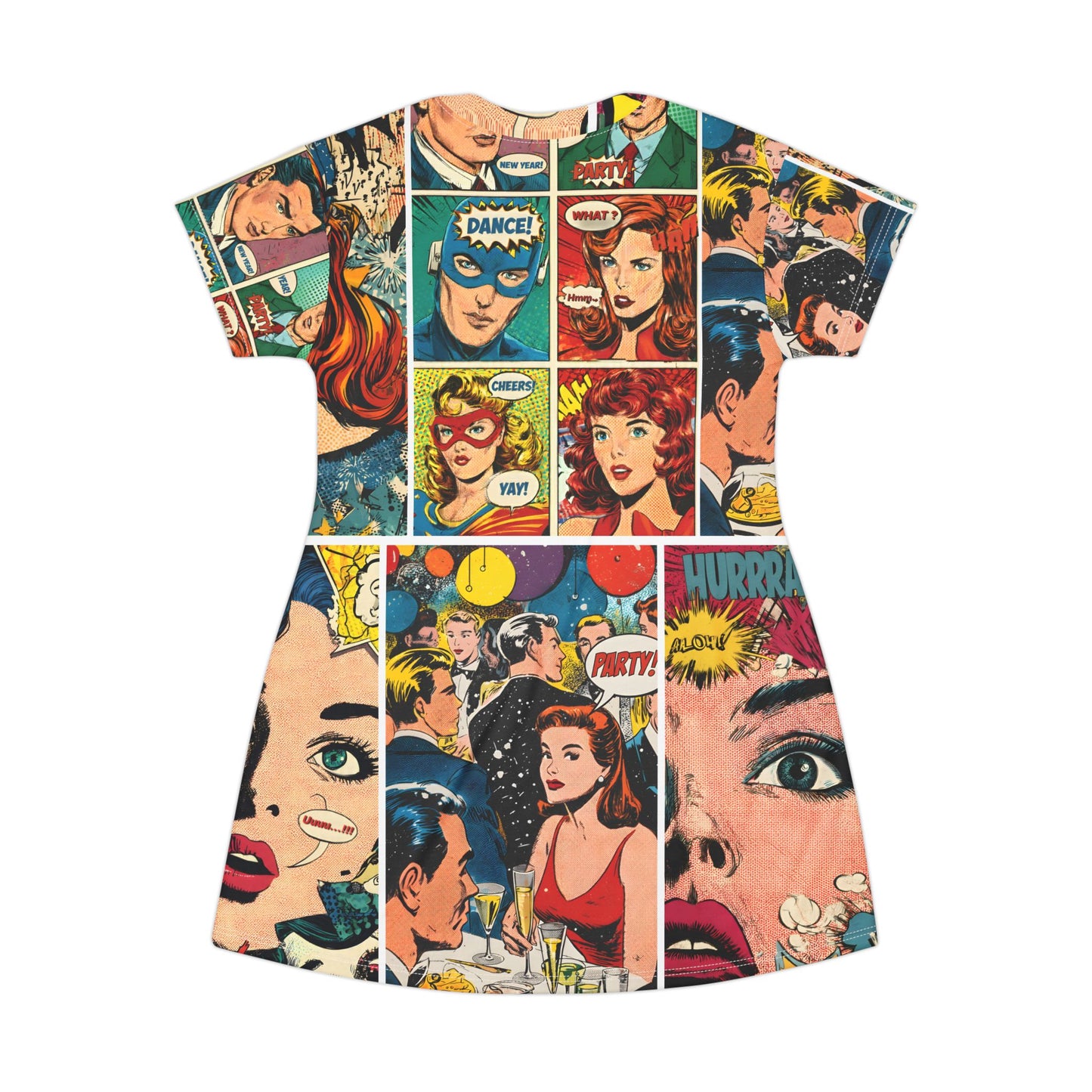 Pop Art Comic Panel T-Shirt Dress — Retro Graphic Novel Print