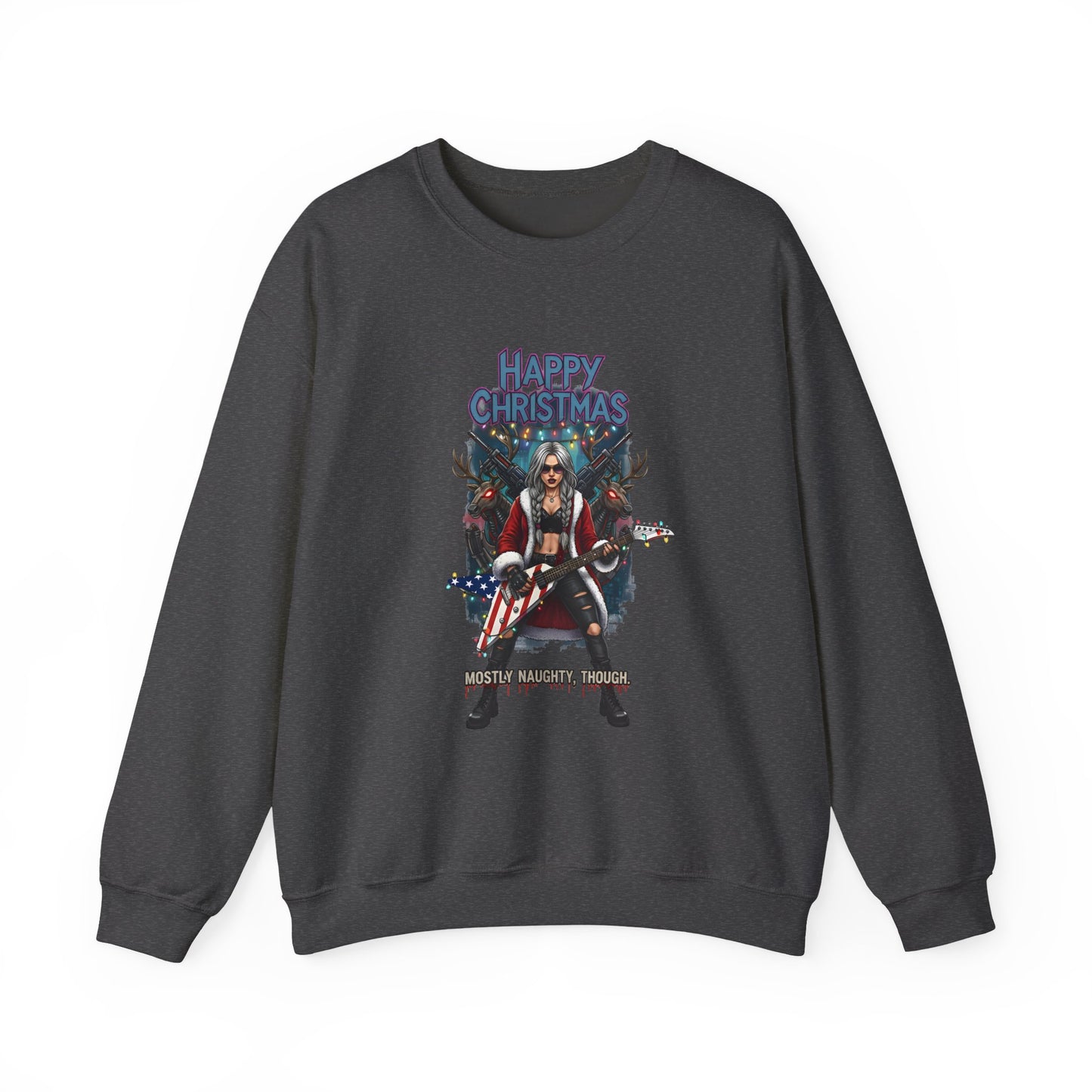 Dark gray sweatshirt Christmas graphic rock and roll Christmas vibe.