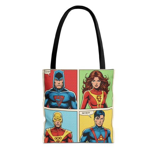 Tote bag with superhero comic designs on a white background