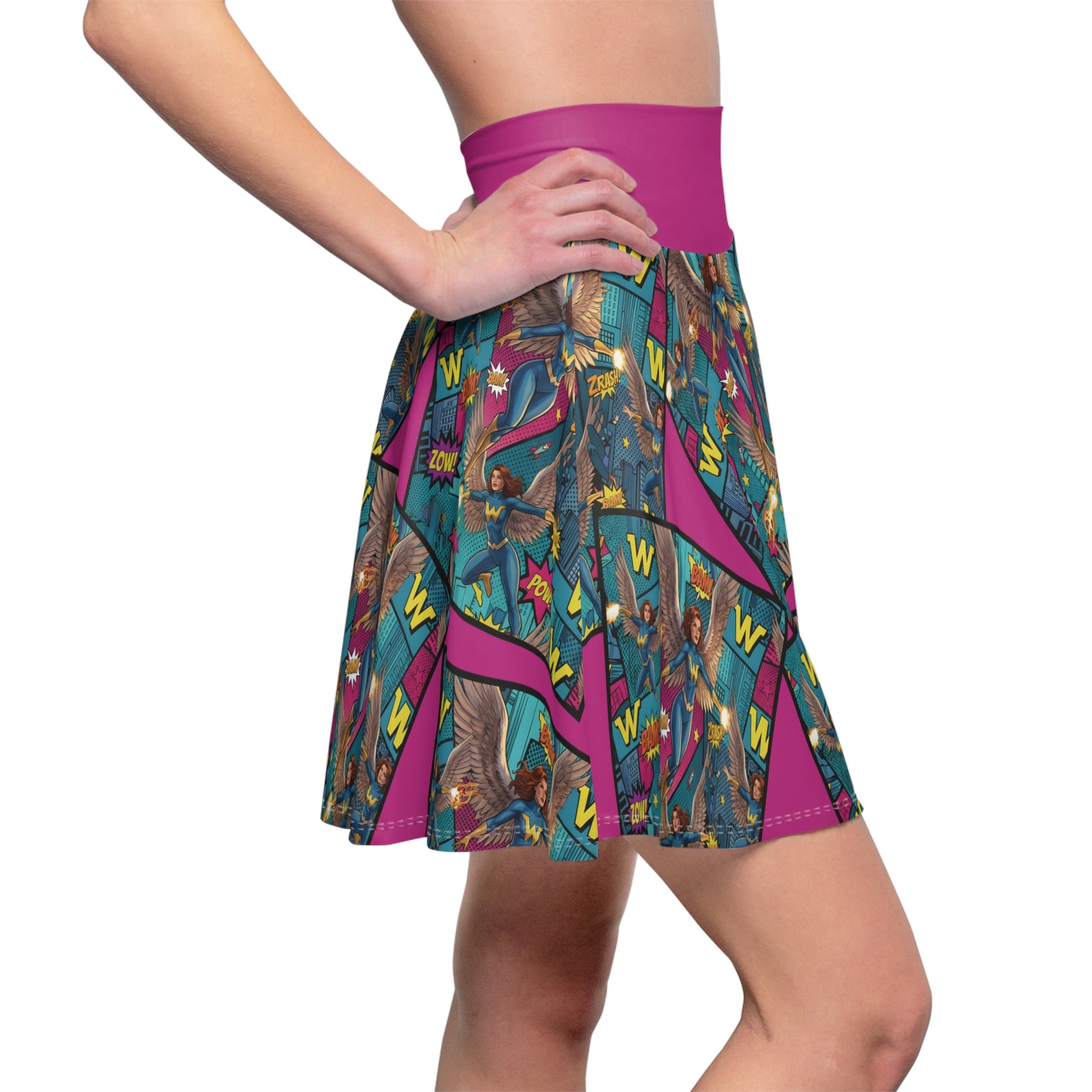 Colorful patterned comic book design skirt worn by a person on a white background.Side view 