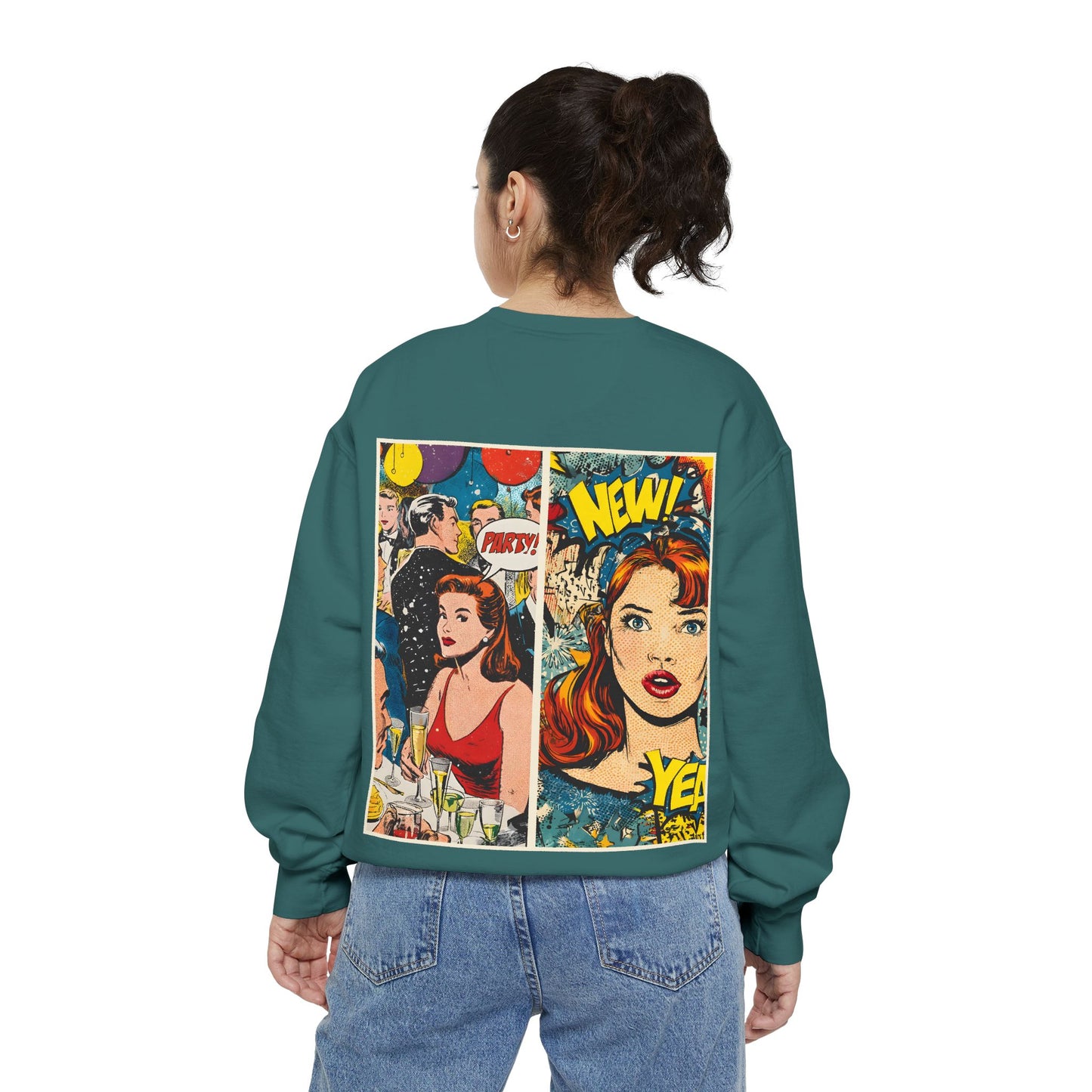 Person wearing a teal sweatshirt with comic book design on the back