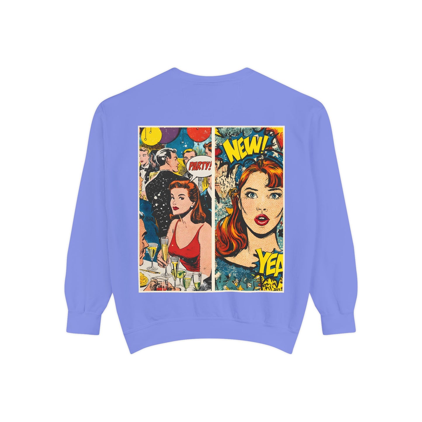 Purple sweatshirt with comic book-style graphic on the back