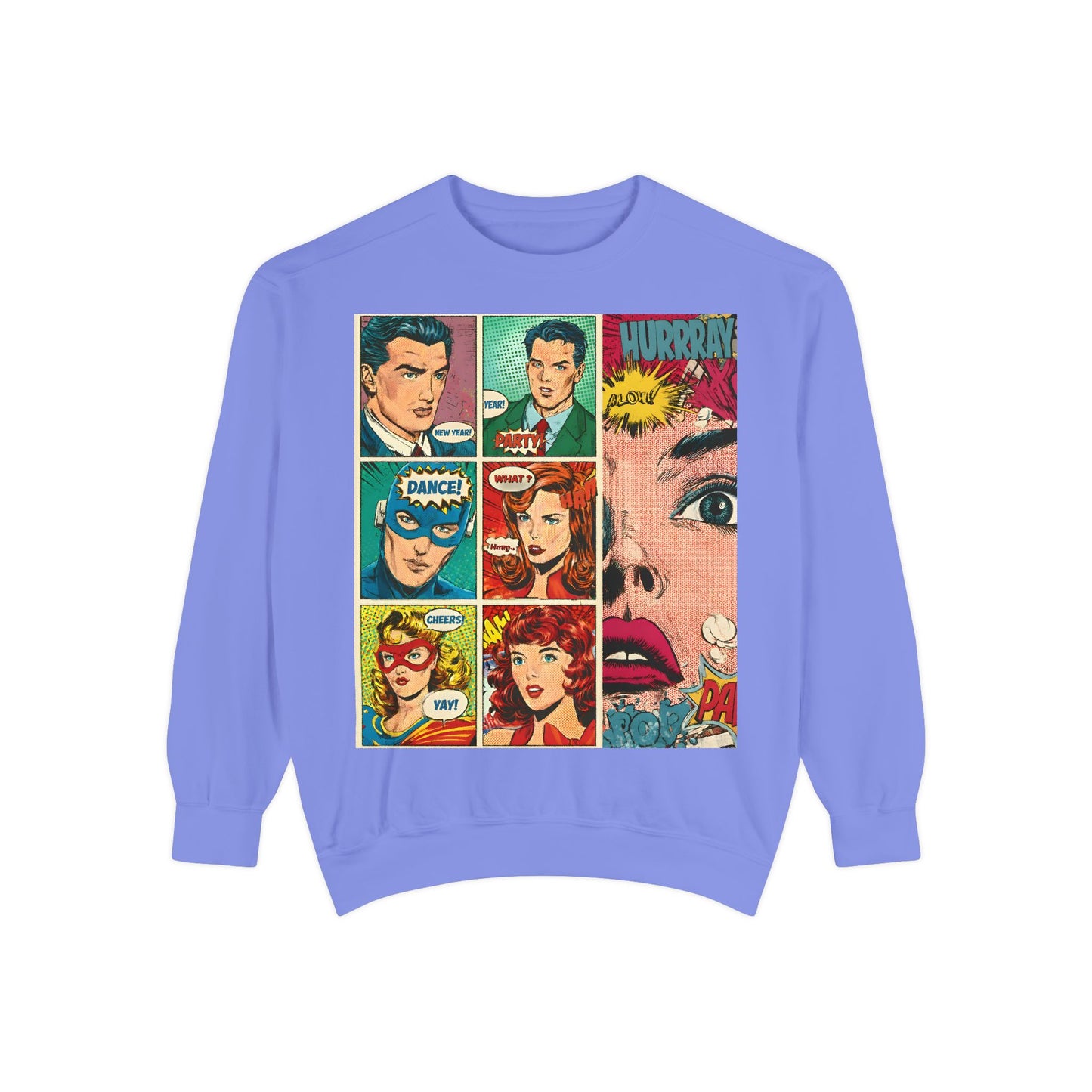 Comic Pop Art Sweatshirt — Retro Romance and Party Panels Graphic Pullover