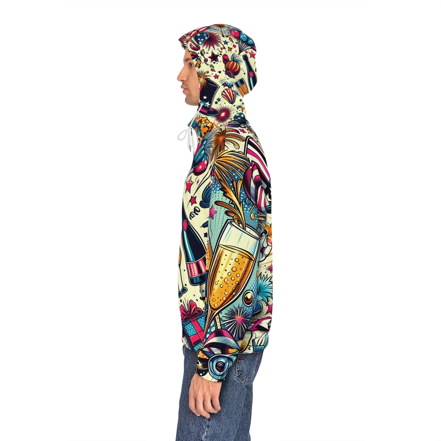 Retro Celebration  Hoodie — Americana Fireworks & Champagne  New Year All-Over Zip-Up