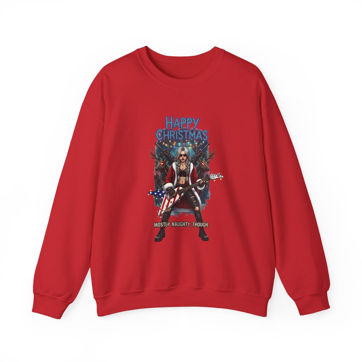 Red sweatshirt   Santa Claus girl American guitar reindeer guns and text Happy Christmas
