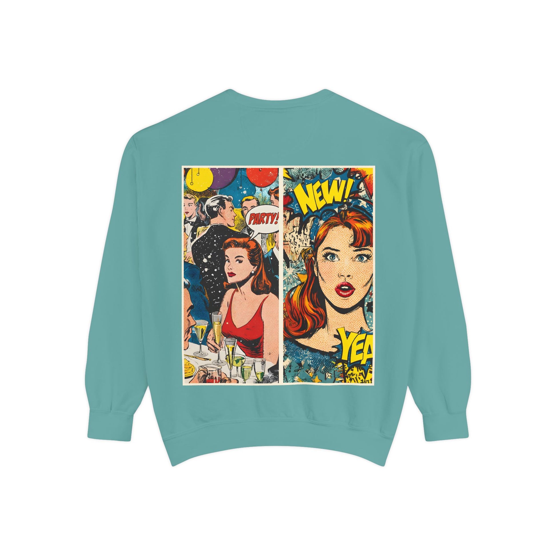 Teal sweatshirt with comic book-style graphic on a white background