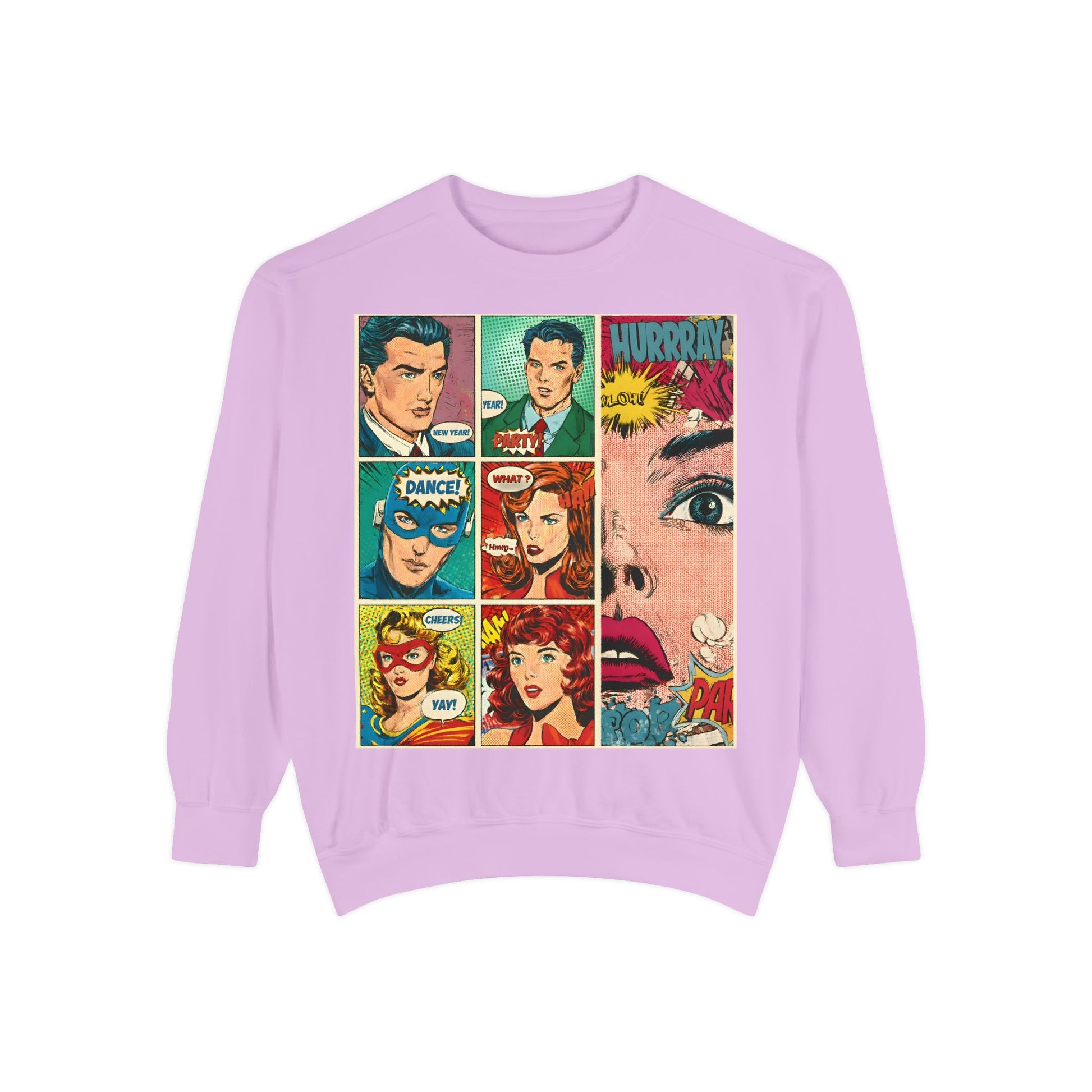 Lavender sweatshirt with comic book character illustrations on a white background