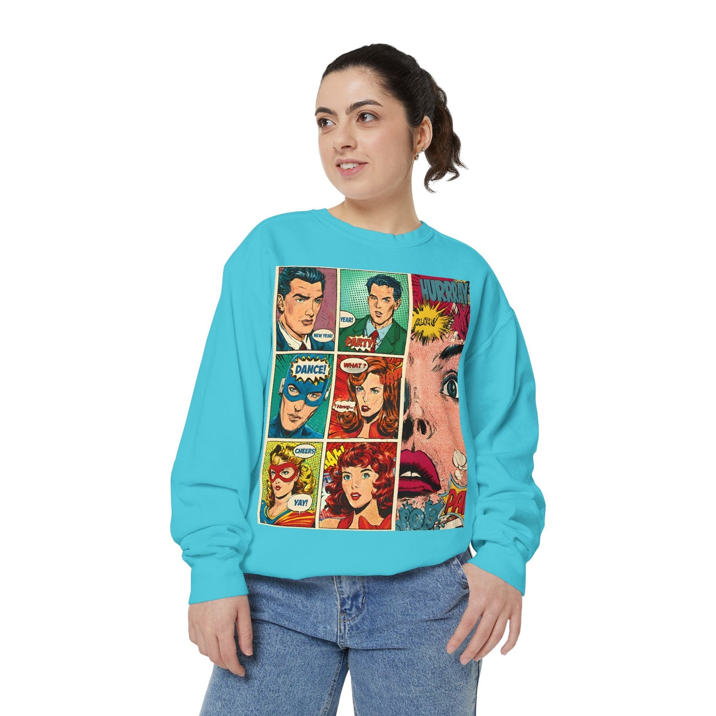 Comic Pop Art Sweatshirt — Retro Romance and Party Panels Graphic Pullover