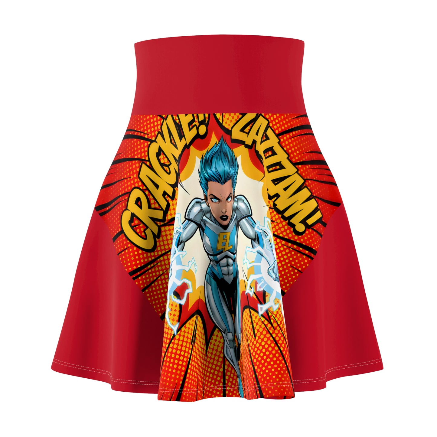 Red skirt with superhero graphic and 'Crackle! Zazzzam!' text on a white background