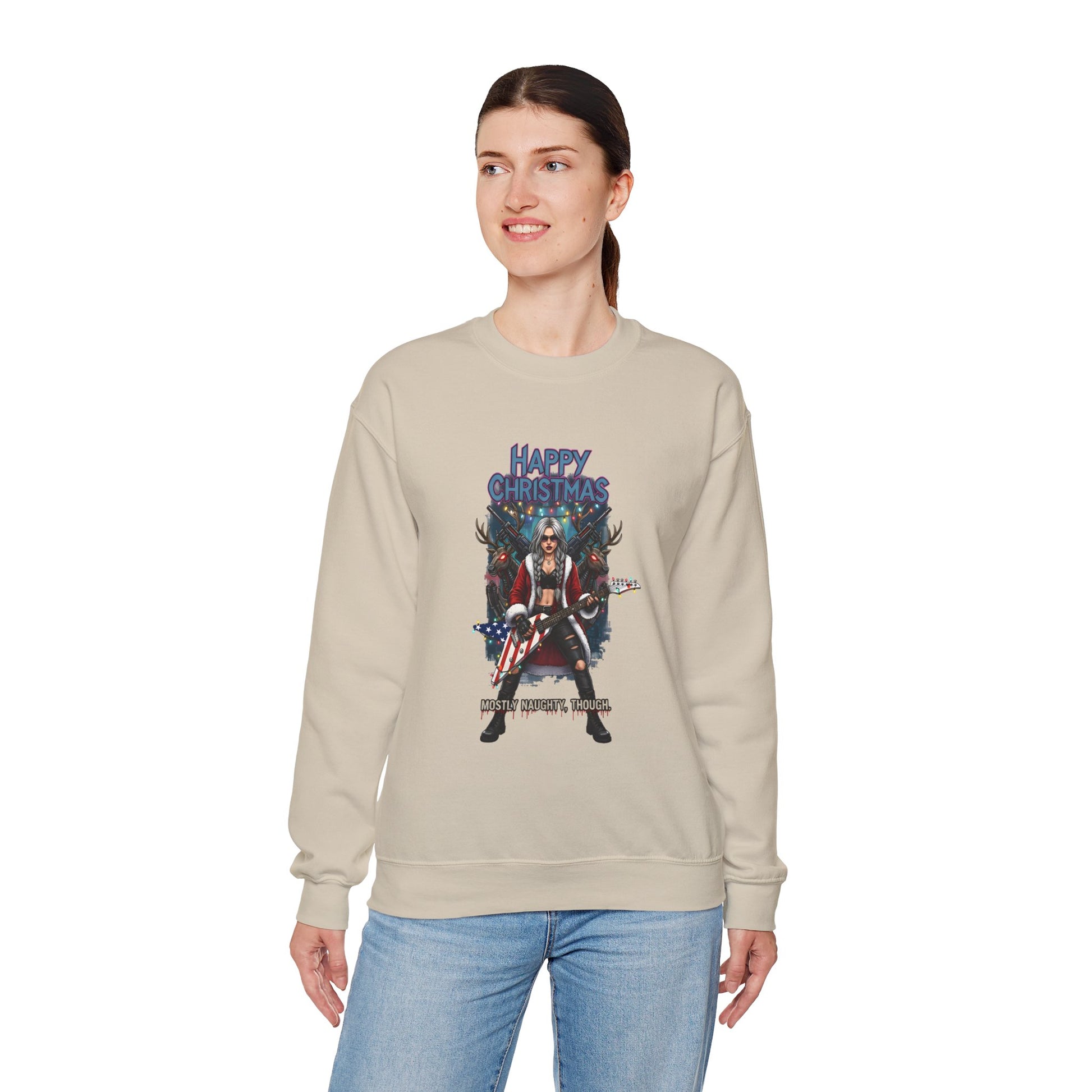 Girl wearing a beige sweatshirt Santa Claus girl American heavy metal guitar 