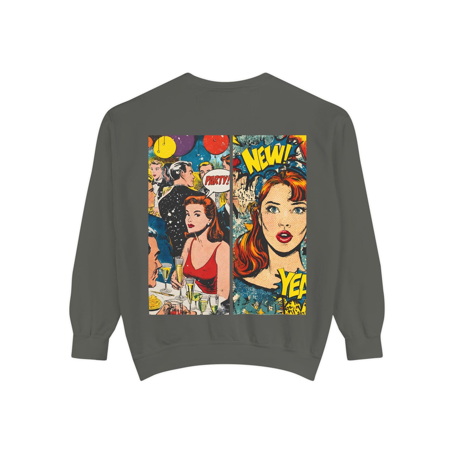 Comic Pop Art Sweatshirt — Retro Romance and Party Panels Graphic Pullover