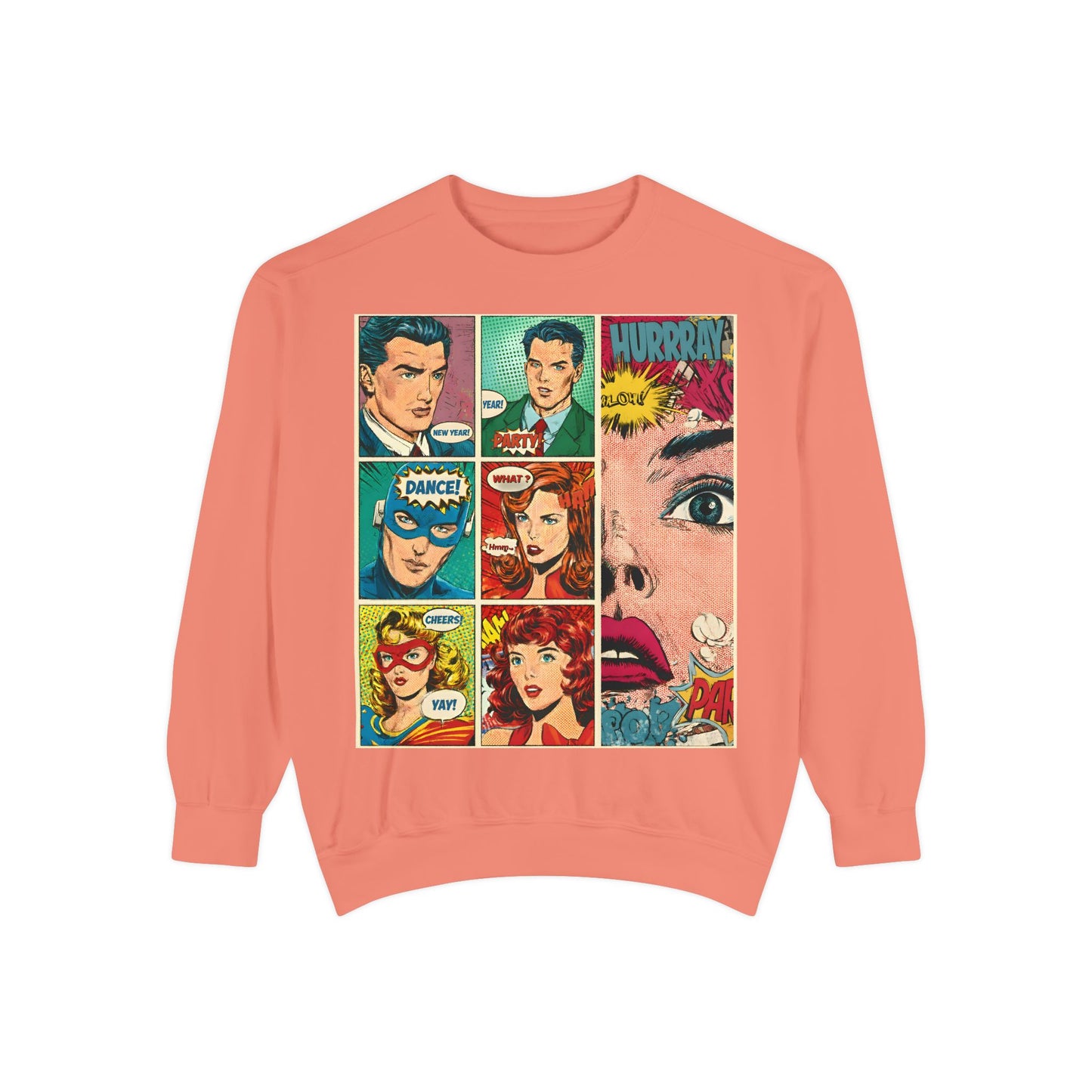 Coral sweatshirt with comic book character design on a white background