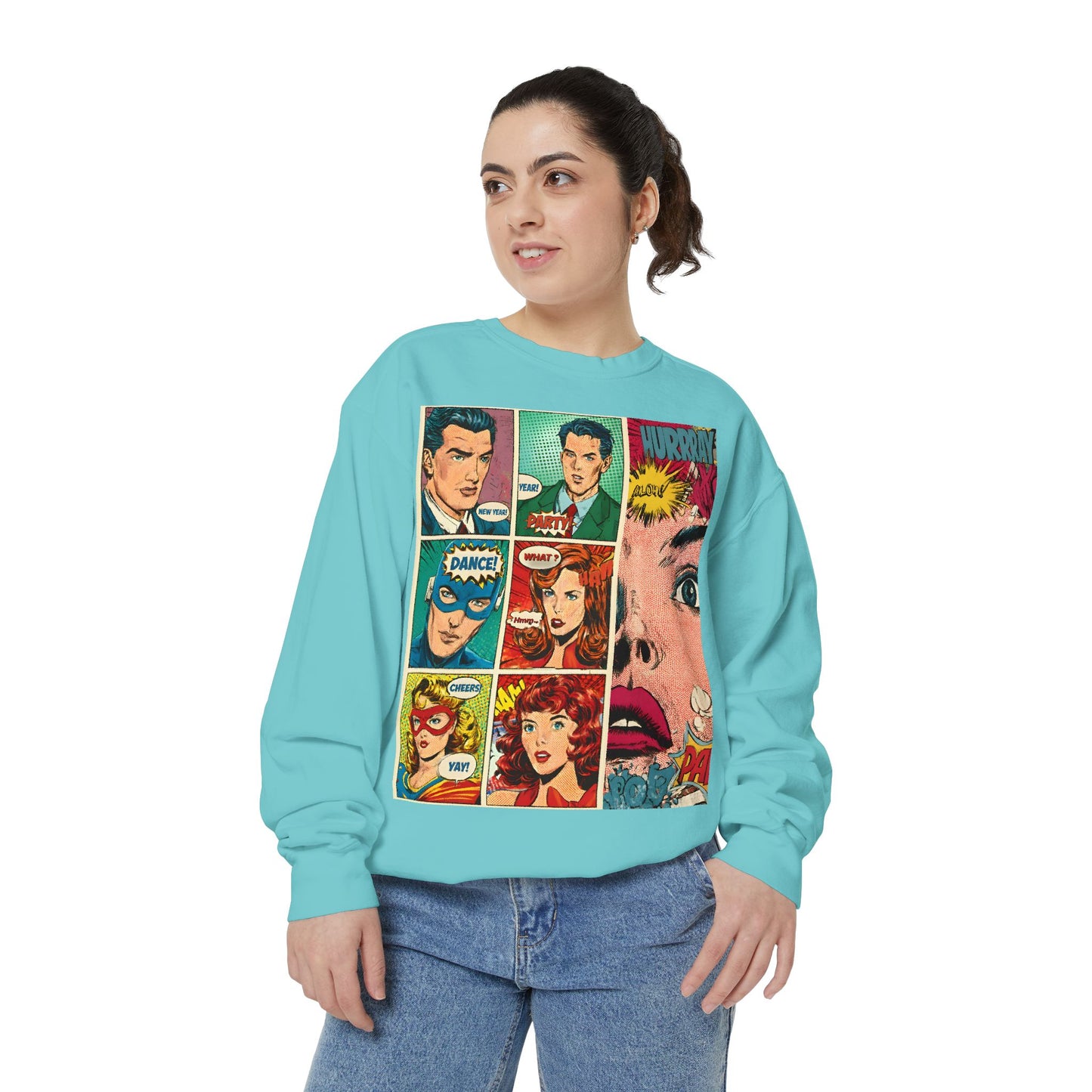 Comic Pop Art Sweatshirt — Retro Romance and Party Panels Graphic Pullover