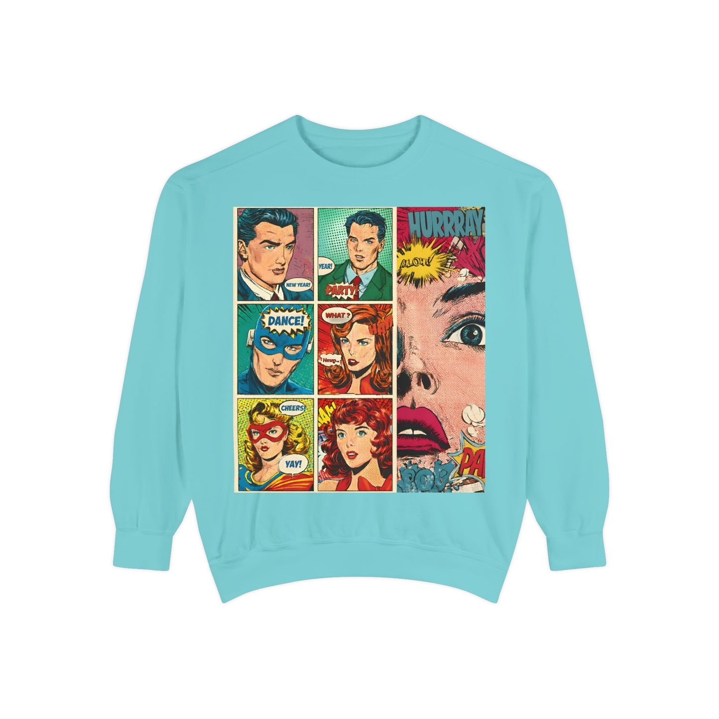 Comic Pop Art Sweatshirt — Retro Romance and Party Panels Graphic Pullover