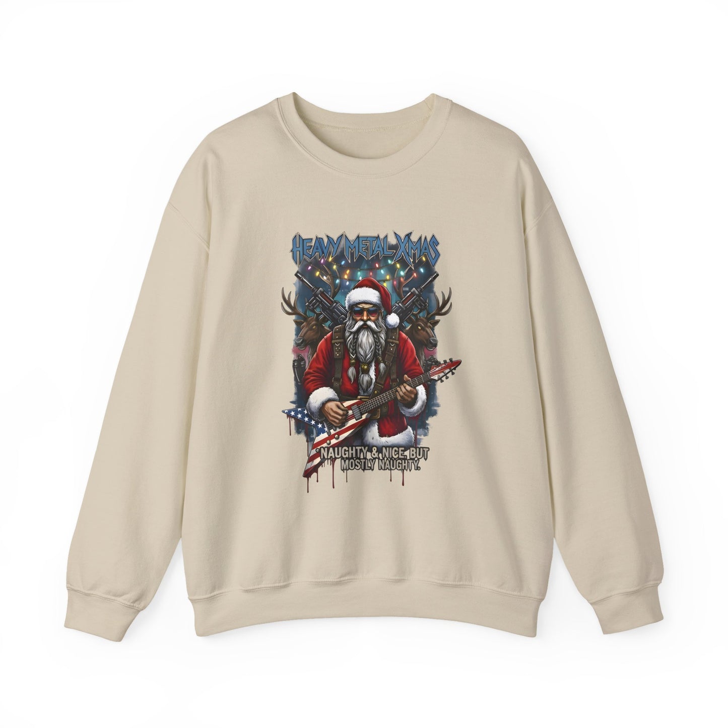 Beige Rock n Roll Santa sweatshirt guitar reindeer graphic