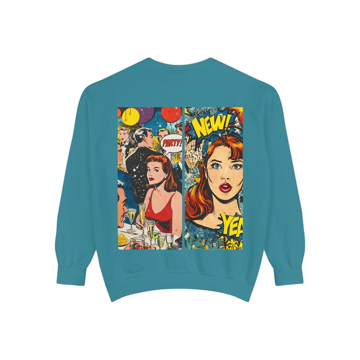 Comic Pop Art Sweatshirt — Retro Romance and Party Panels Graphic Pullover