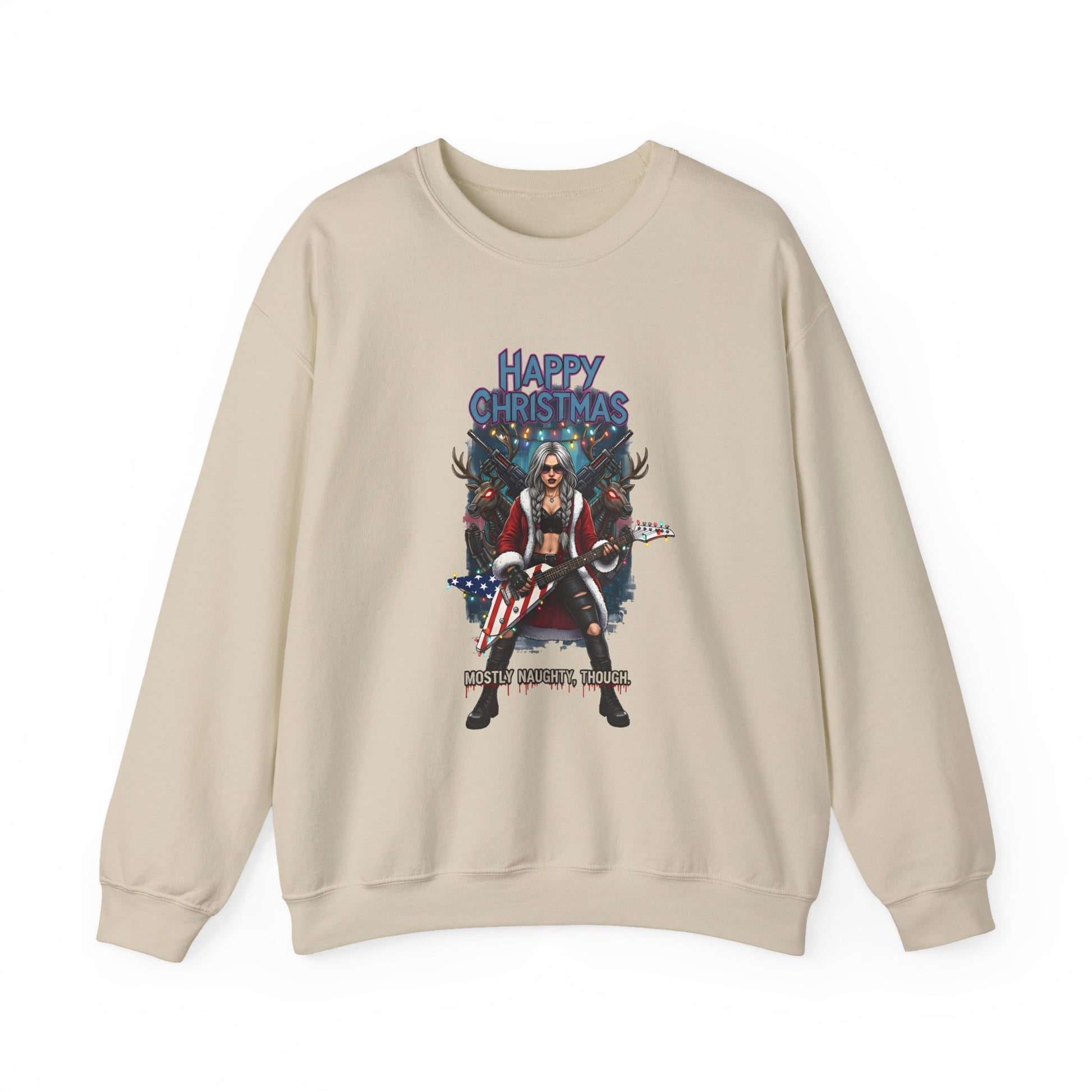 Beige sweatshirt Santa Claus girl American heavy metal guitar Happy Christmas text