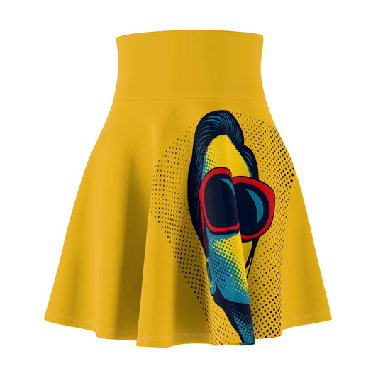 Pop art yellow skater skirt with retro woman and sunglasses print - front view