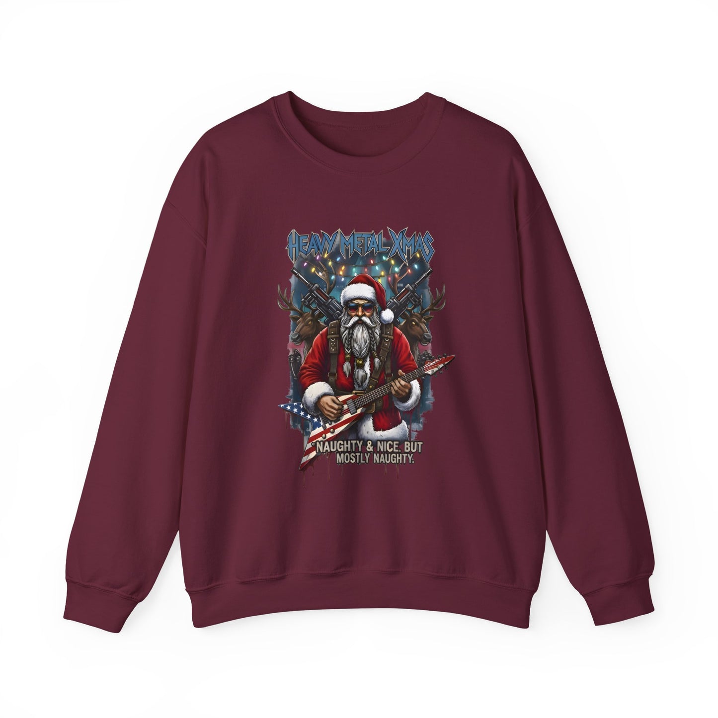  Maroon Rock n Roll Santa sweatshirt guitar reindeer graphic