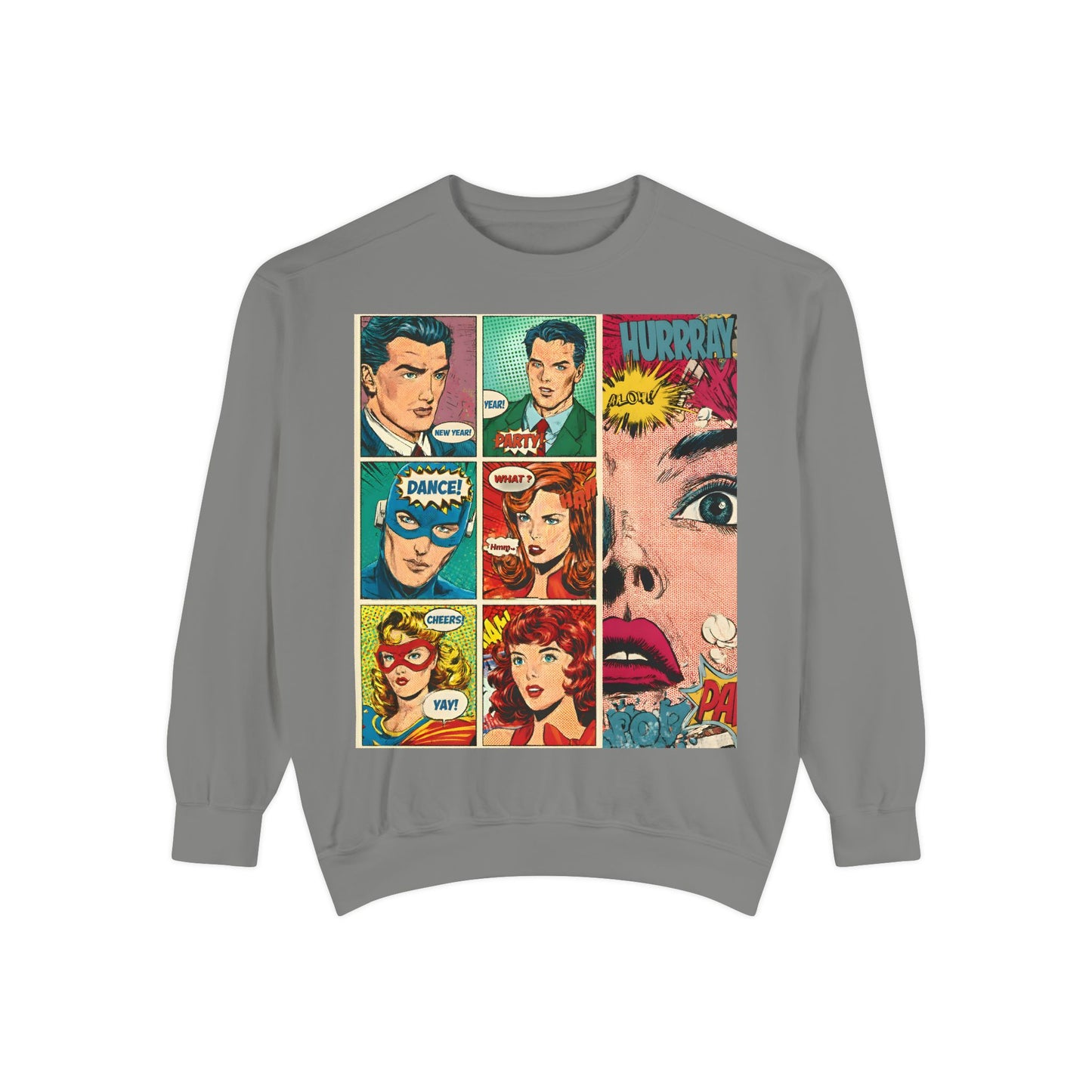 Comic Pop Art Sweatshirt — Retro Romance and Party Panels Graphic Pullover