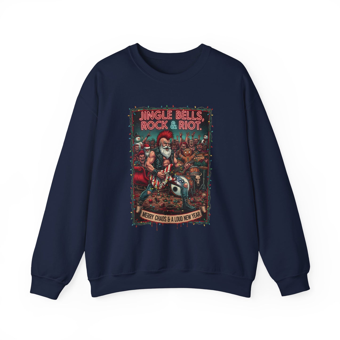 Navy Rock & Riot Christmas crewneck with Santa graphic