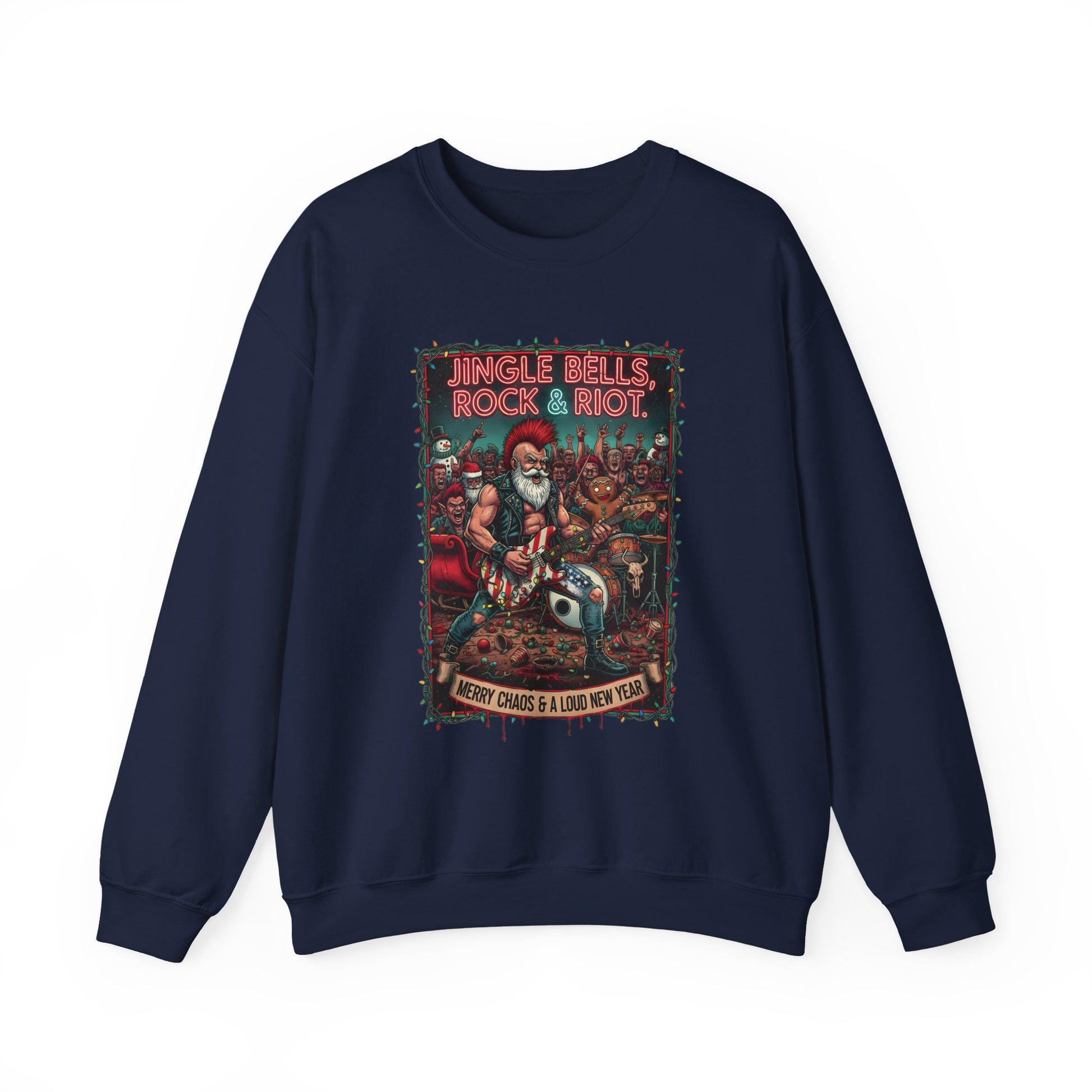 Navy Rock & Riot Christmas crewneck with Santa graphic