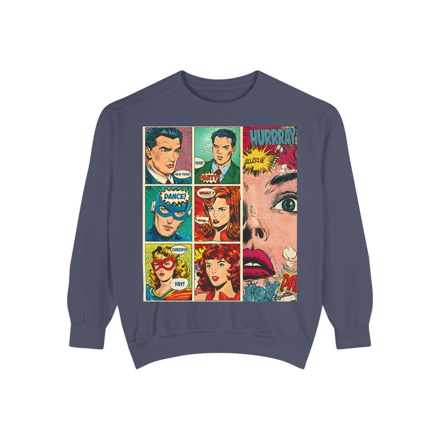 Comic Pop Art Sweatshirt — Retro Romance and Party Panels Graphic Pullover