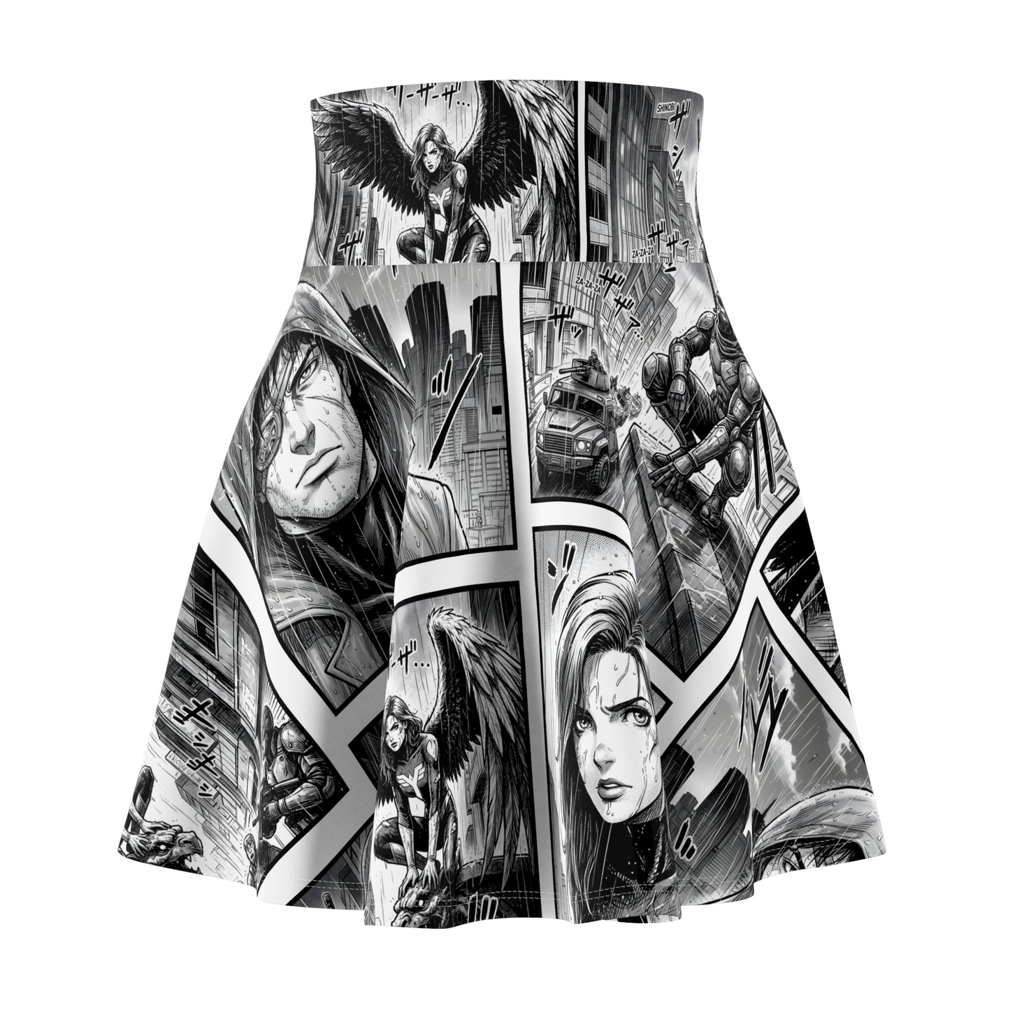 Noir comic book skater skirt with black and white action panels - front view