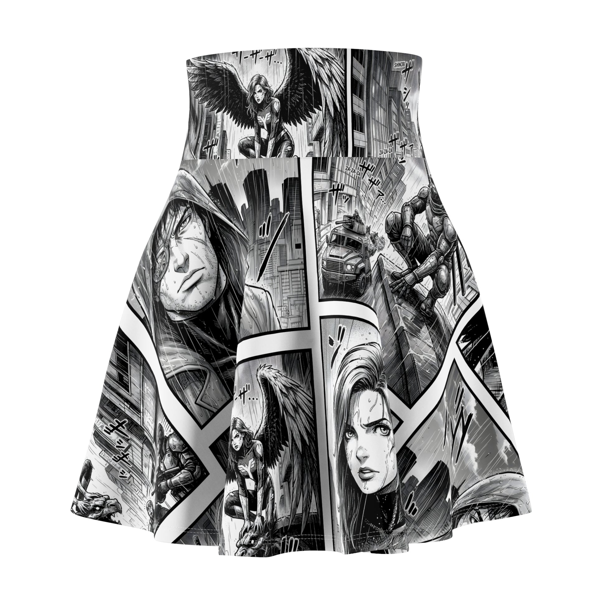 Noir comic book skater skirt with black and white action panels - front view