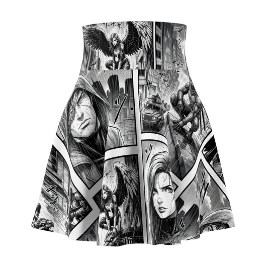 Noir comic book skater skirt with black and white action panels - front view