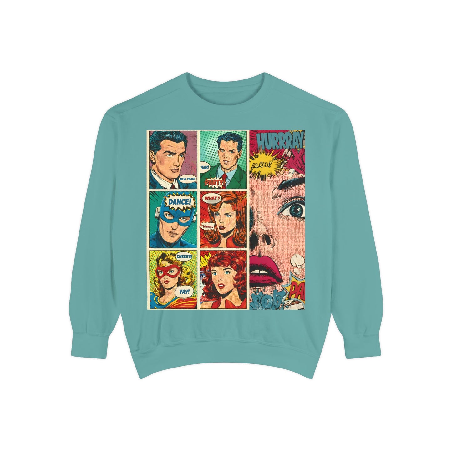 Comic Pop Art Sweatshirt — Retro Romance and Party Panels Graphic Pullover