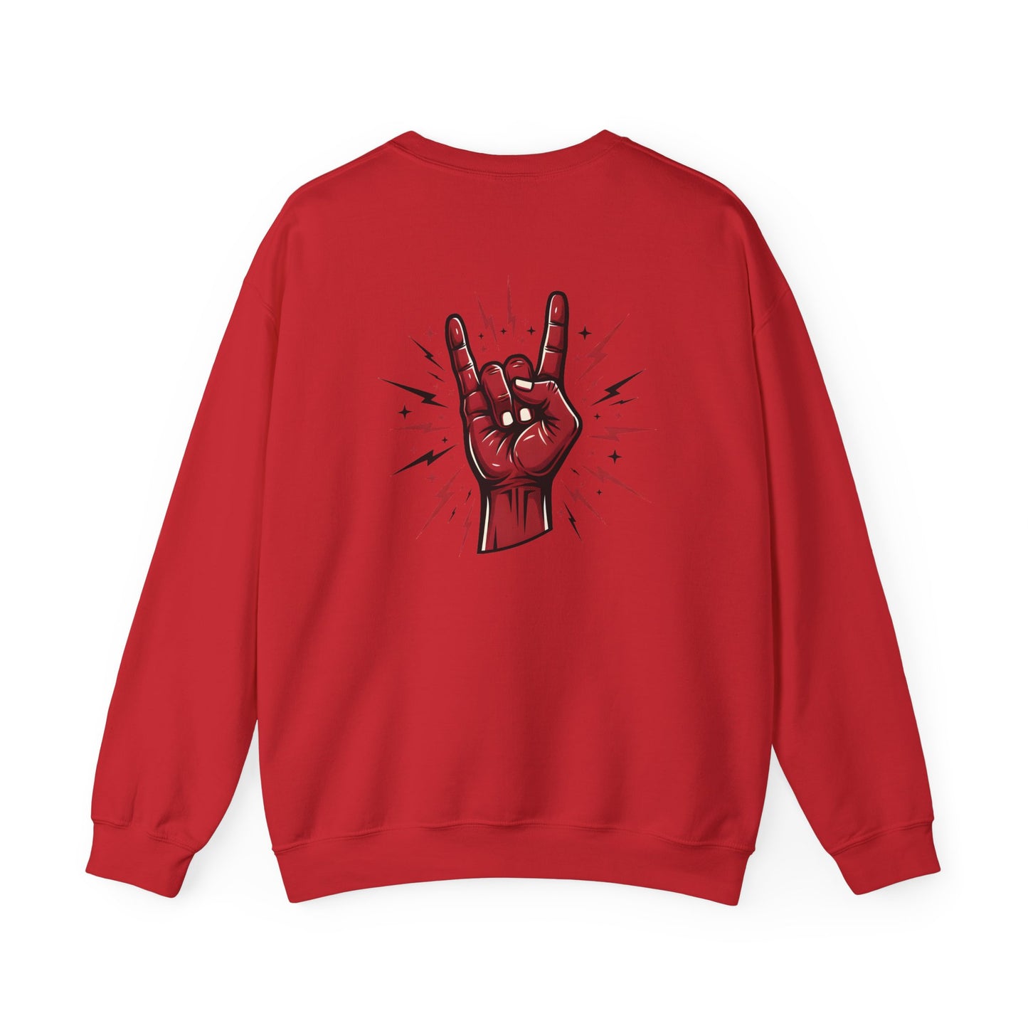 Rock hand sign on red sweatshirt back