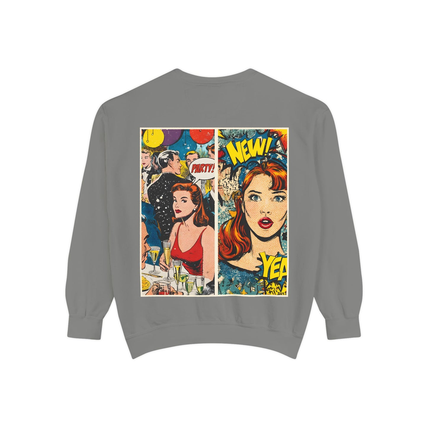 Gray sweatshirt with a colorful graphic design on the back featuring two women and text.