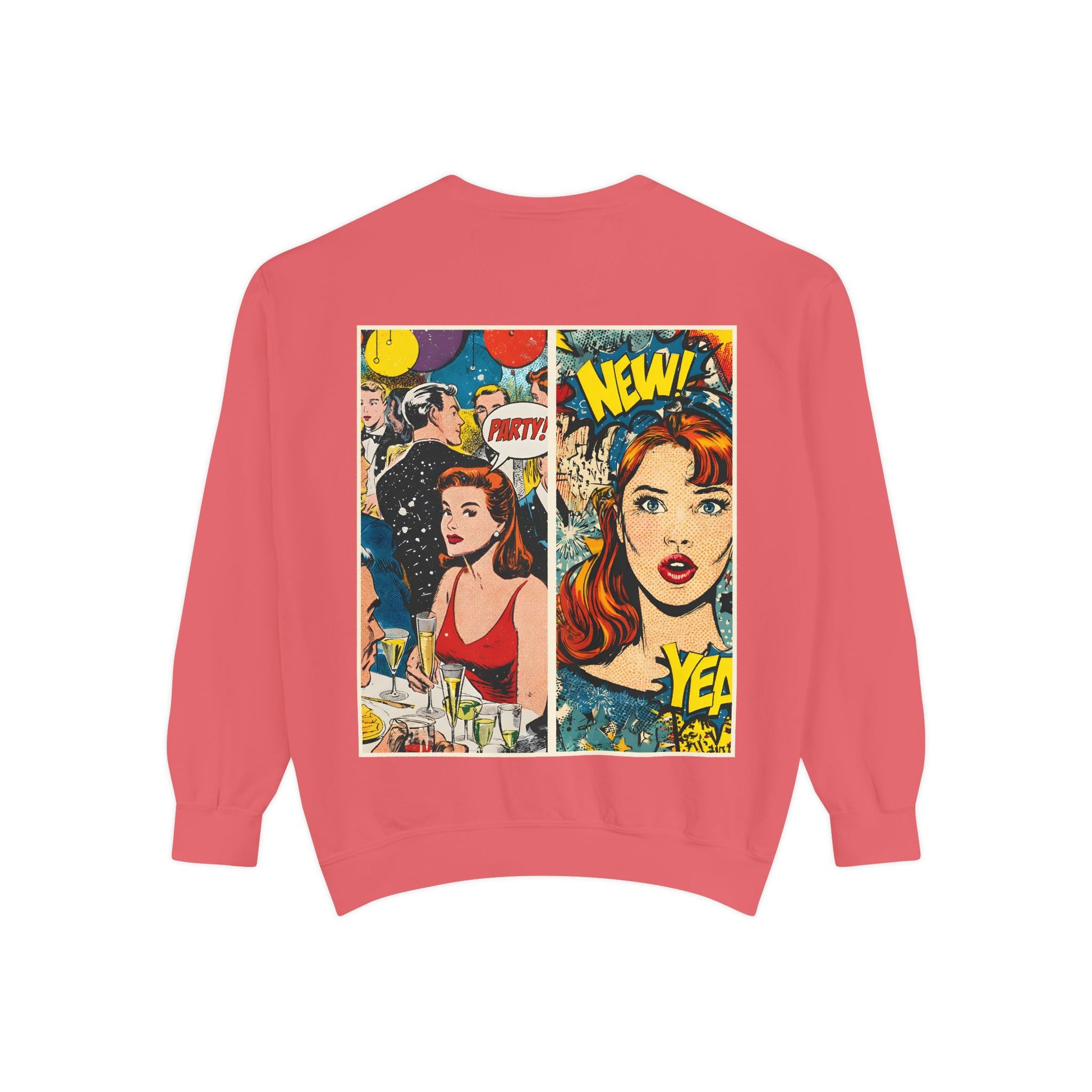 Watermelon sweatshirt with a comic book-style graphic on the back