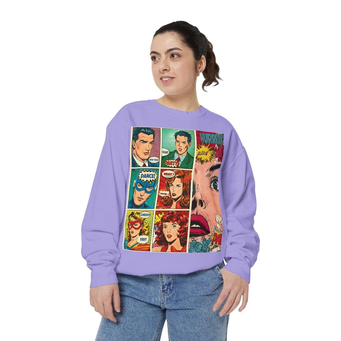 Comic Pop Art Sweatshirt — Retro Romance and Party Panels Graphic Pullover