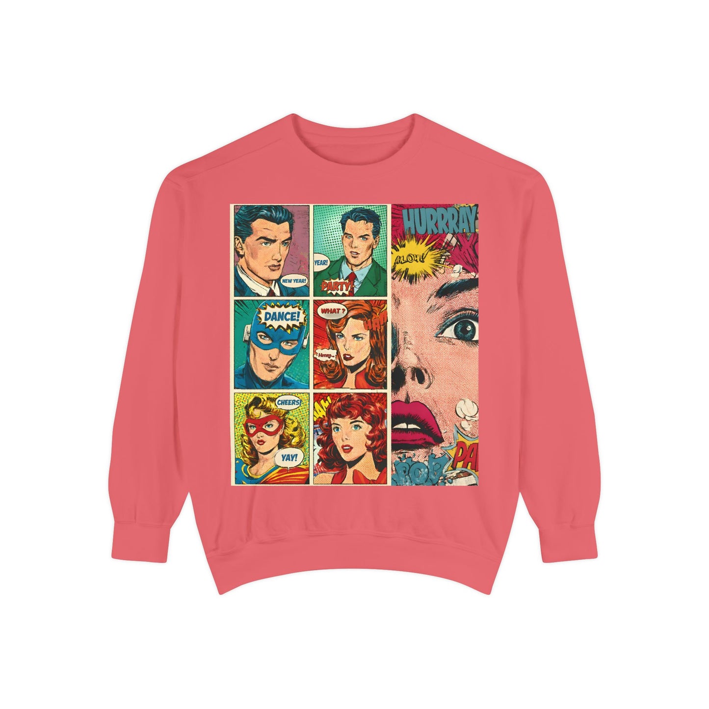 Comic Pop Art Sweatshirt — Retro Romance and Party Panels Graphic Pullover