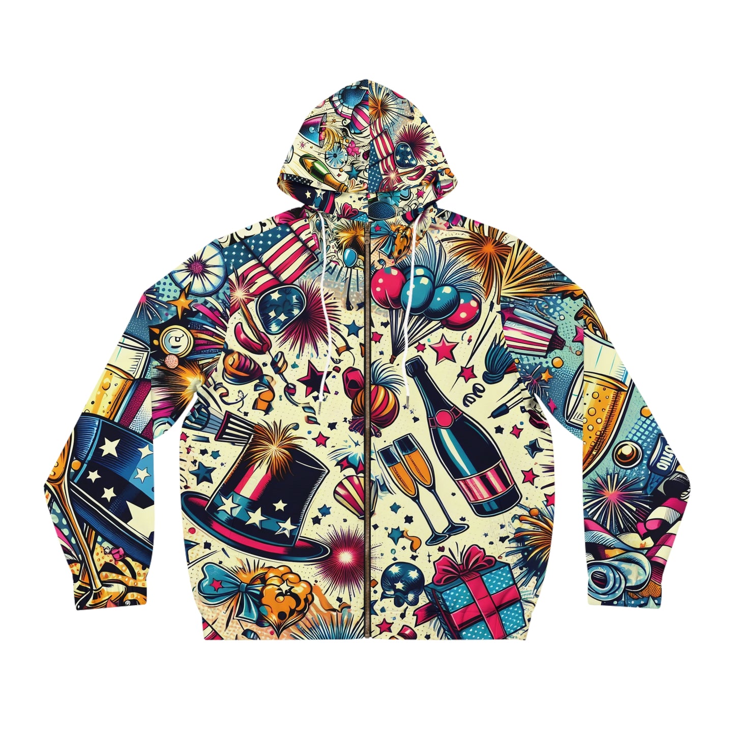 Retro Celebration  Hoodie — Americana Fireworks & Champagne  New Year All-Over Zip-Up