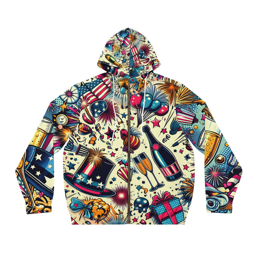 Retro Celebration  Hoodie — Americana Fireworks & Champagne  New Year All-Over Zip-Up