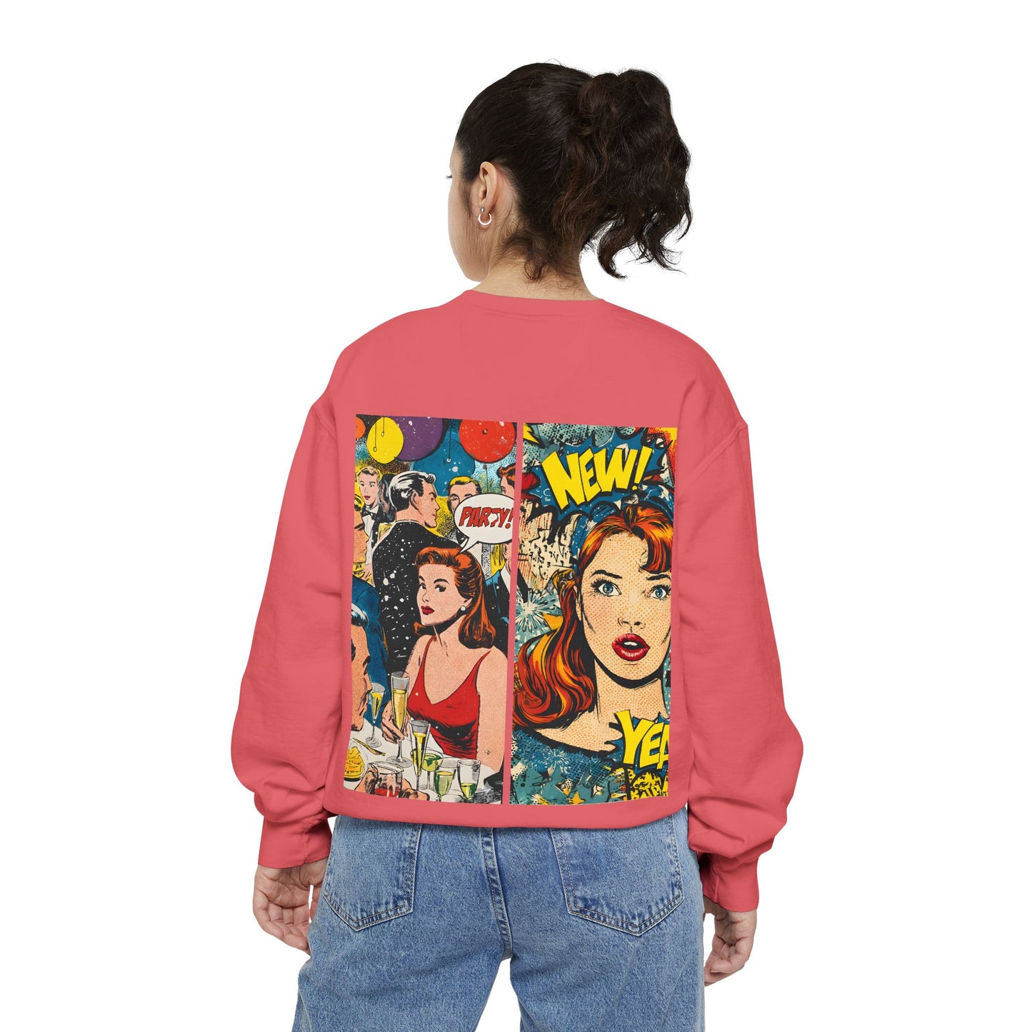 Comic Pop Art Sweatshirt — Retro Romance and Party Panels Graphic Pullover