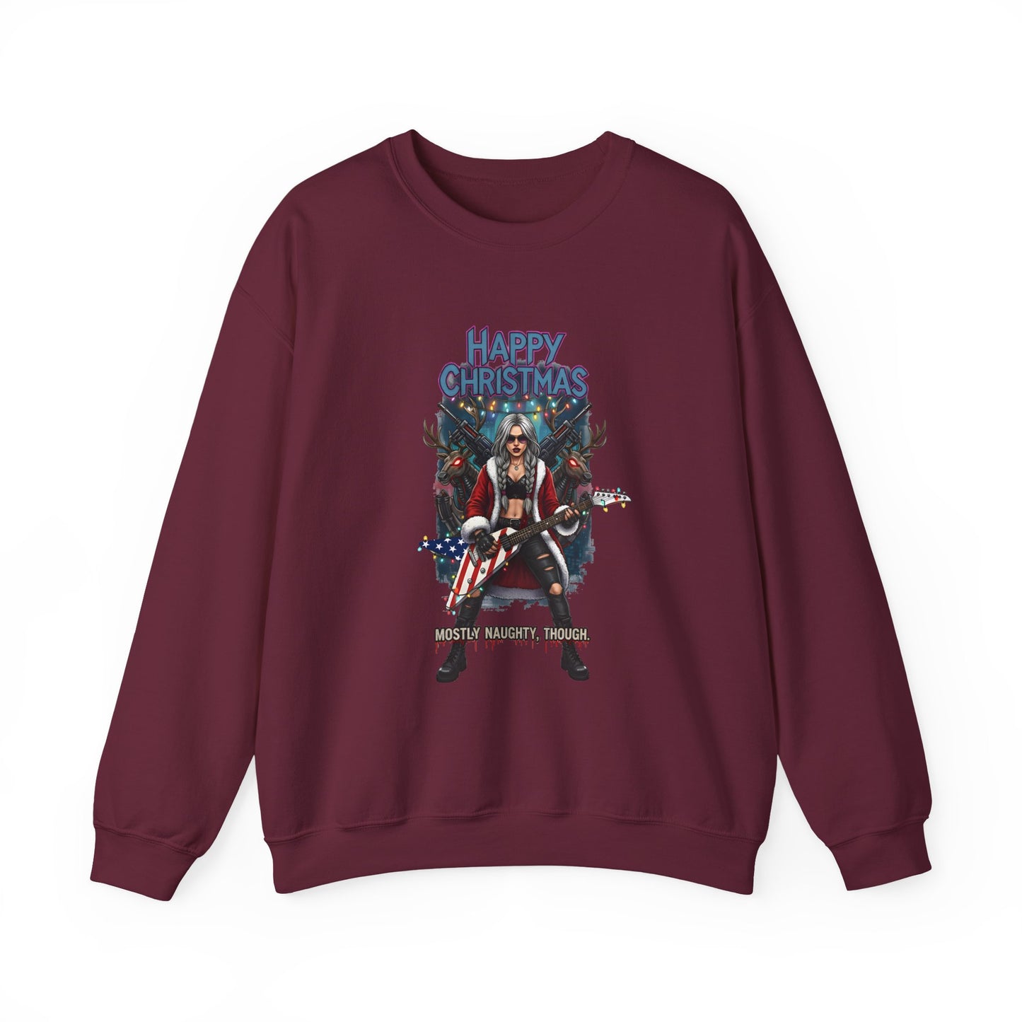 Maroon sweatshirt  American heavy metal guitar Happy Christmas text