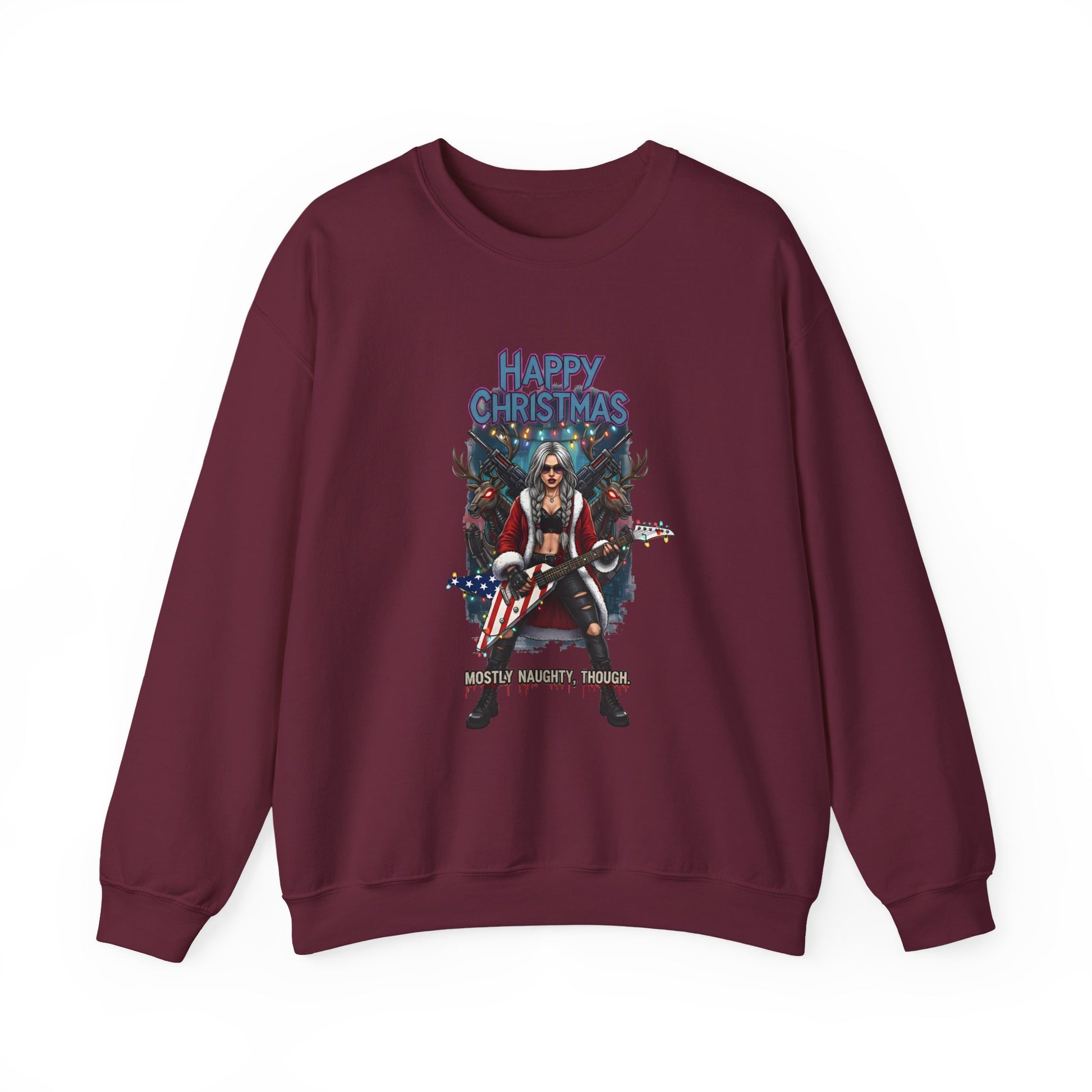 Maroon sweatshirt  American heavy metal guitar Happy Christmas text