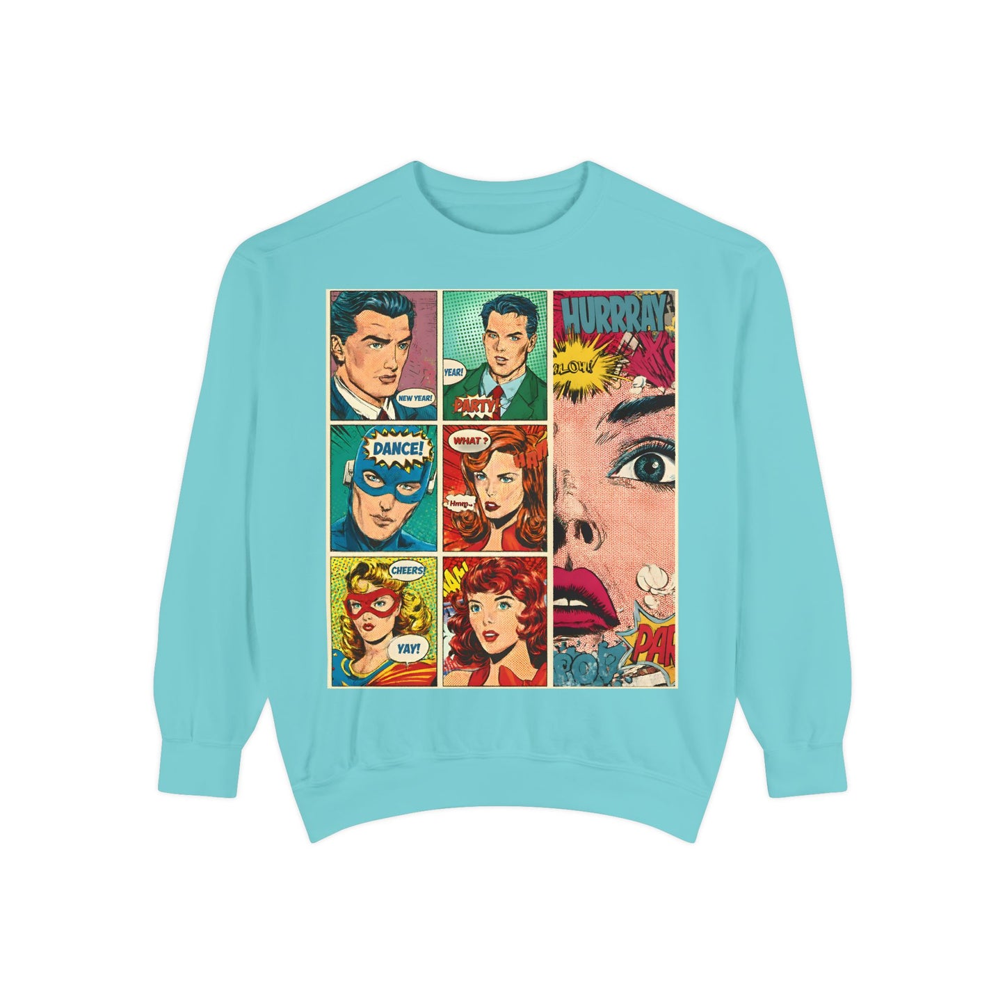 Light blue sweatshirt with comic book character faces on a white background