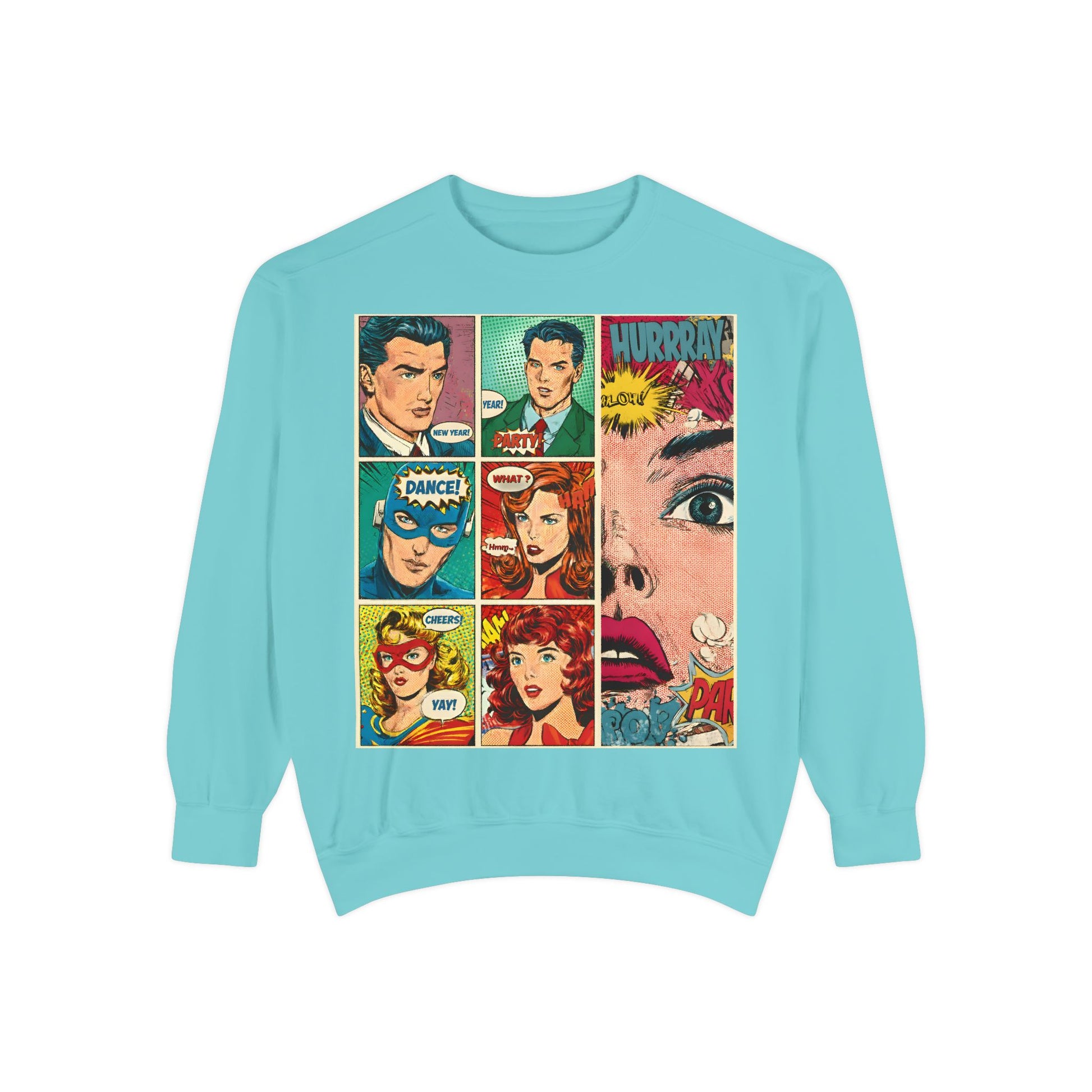 Light blue sweatshirt with comic book character faces on a white background