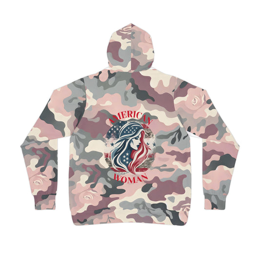 American Woman  Hoodie – Camo Style with  Back Graphic.