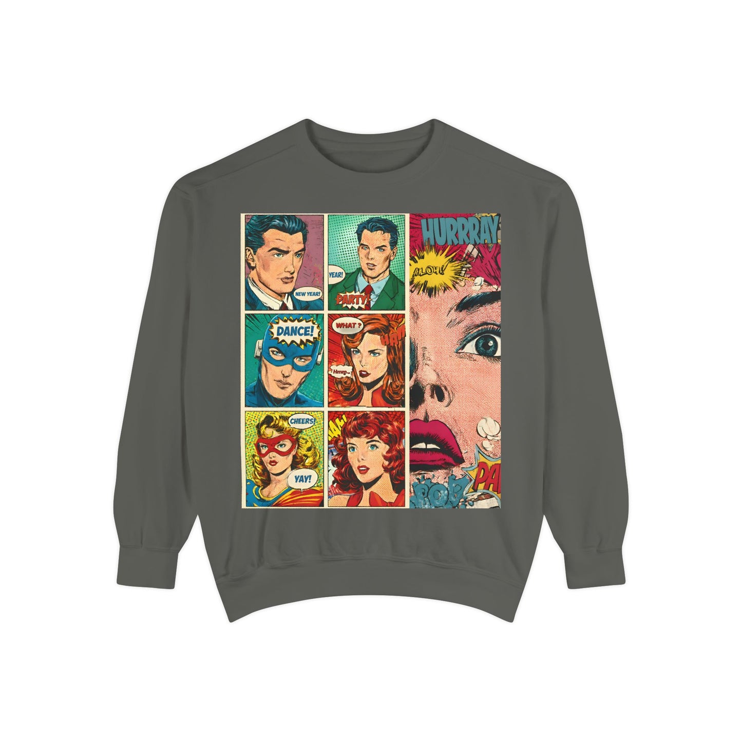 Comic Pop Art Sweatshirt — Retro Romance and Party Panels Graphic Pullover