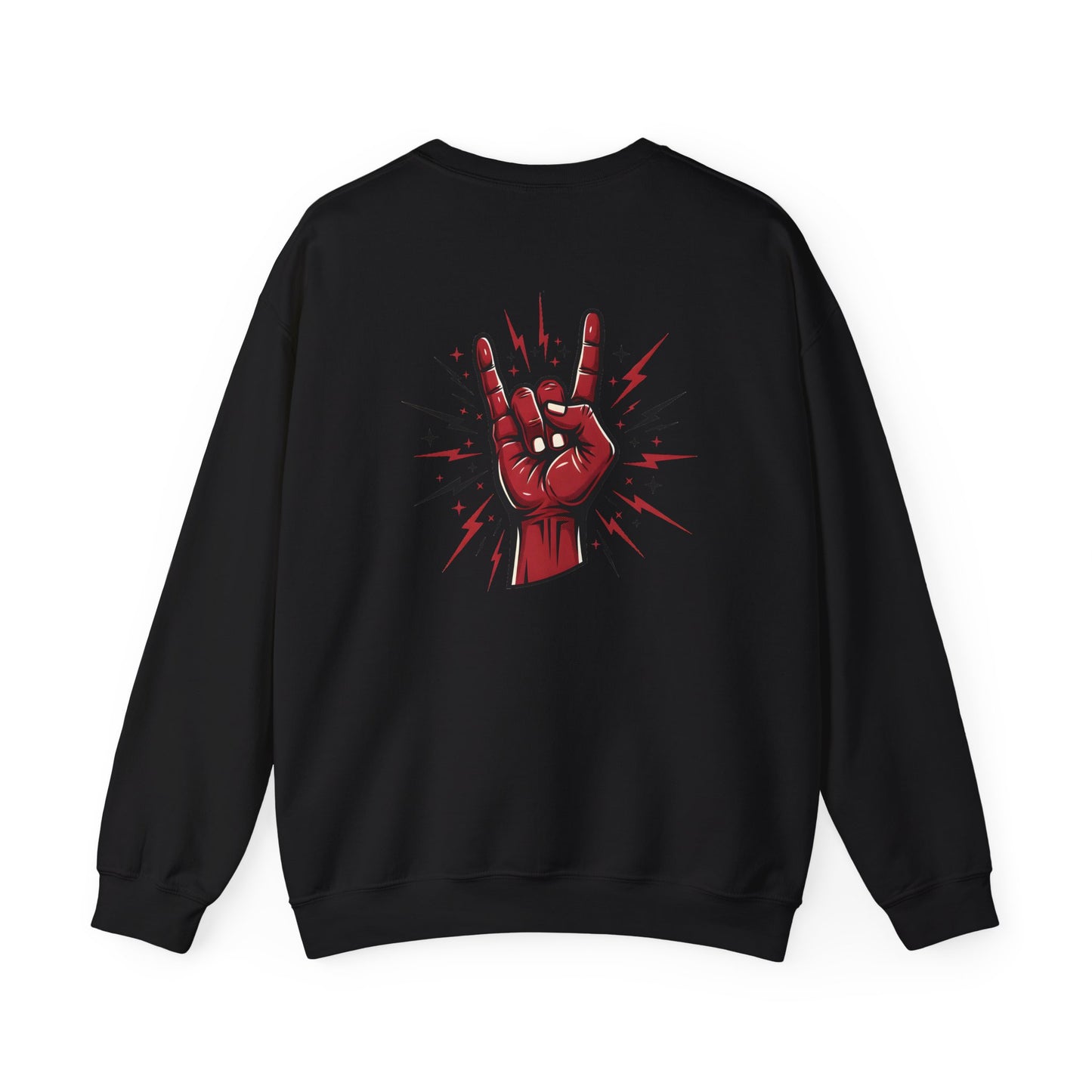 Rock hand sign on black sweatshirt back