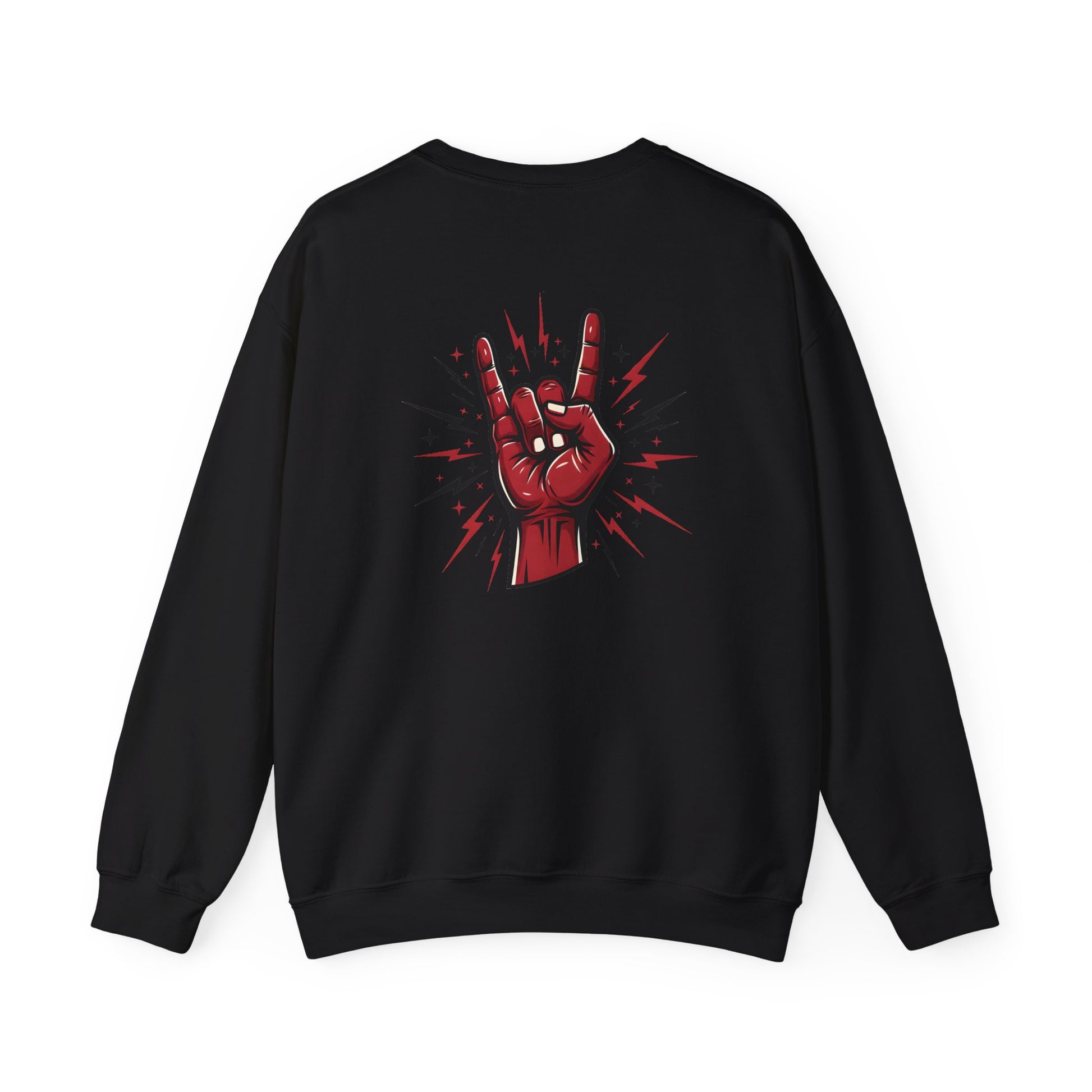 Rock hand sign on black sweatshirt back