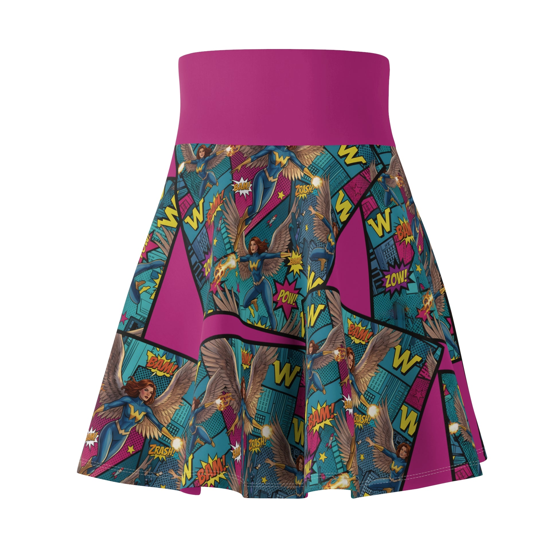 Skirt with colorful comic book pattern and magenta waistband on a white background