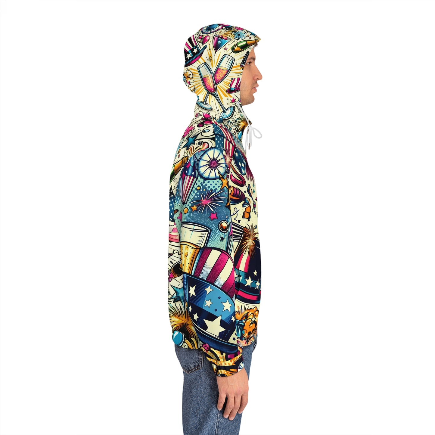 Retro Celebration  Hoodie — Americana Fireworks & Champagne  New Year All-Over Zip-Up